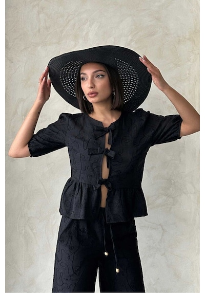 Verymoda Önden Bağlamalı Nakışlı Bluz D2788 Siyah Siyah