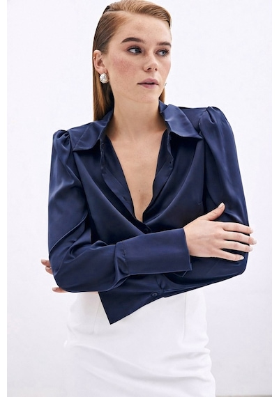 Sateen Vatkalı Saten Gömlek - Lacivert-136729 Lacivert