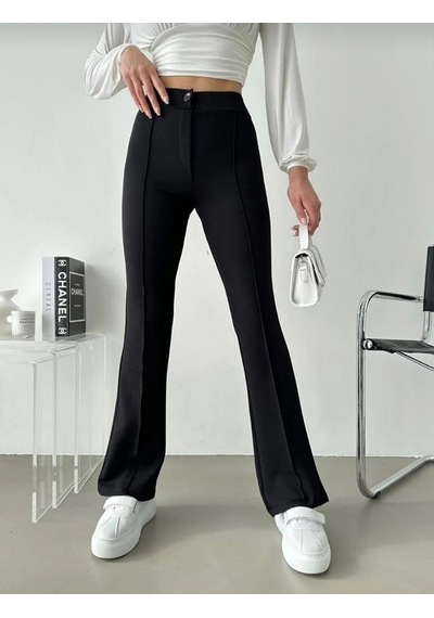 Açelya Kadın Çımalı Yüksek Bel İspanyol Paça Esnek Pantolon Siyah