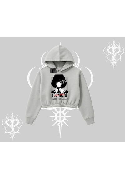 Startmore Kapşonlu Crop Sweatshirt Tsundere Anime Japanese Style Baskılı Gri