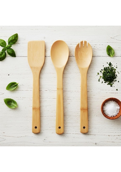 3'lü Bambu Mutfak Gereç Seti Doğal Ahşap Spatula, Kaşık Ve Servis Çatalı Yapışmaz Tencere D