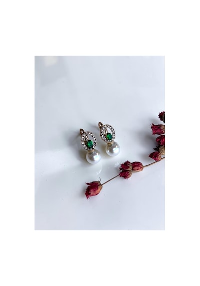 Zirkon Taşlı Oval Tasarım İnci Küpe Yeşil