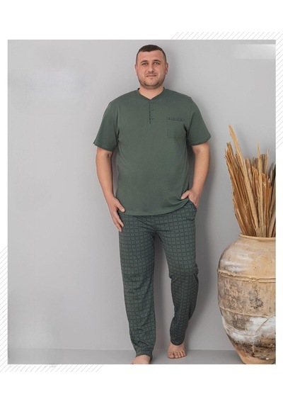 Pijamoni Erkek Battal Düğme Yaka Penye Kısa Kol Pijama Takımı 6730/5 - 1 Adet Yeşil