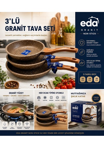 Eda Focus Kahverengi Granit Döküm 3'lü Tava Seti 20-24-28 Cm Zk-922