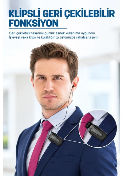 Exenar - Siyah - Makaralı Bluetooth Kulaklık Titreşimli Yaka Klipsli Tekli Şoför Kulaklığı Çift Telefon Bağlantılı
