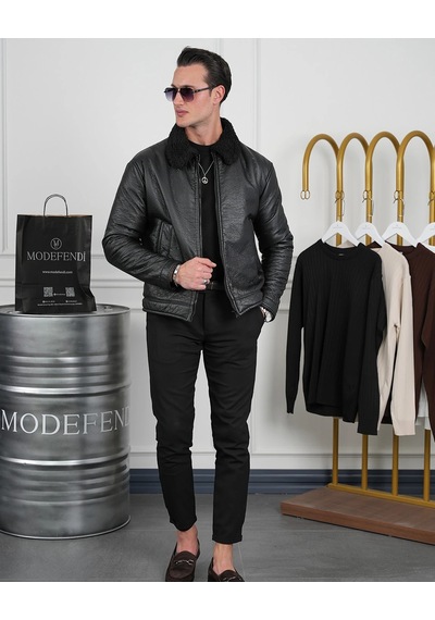 Modefendi Orta Slim Fit İçi Elyaf Yaka Kürk Detaylı İthal Deri Yan Cep Deri Mont Siyah