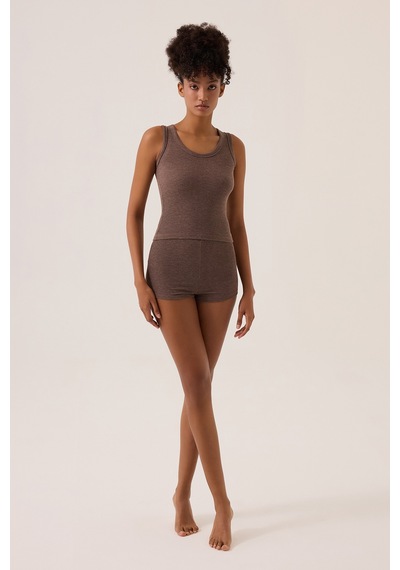 Los Ojos X Ece Kahverengi Modal Kumaşlı Askılı Şortlu Pijama Takımı Ribbed Pj3 Kahverengi Kahverengi