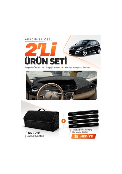 E-biz Renault Scenıc 3 2009-2016 Uyumlu Torpido Örtüsü + Tay Tüyü Bagaj Çantası - Siyah - Re045