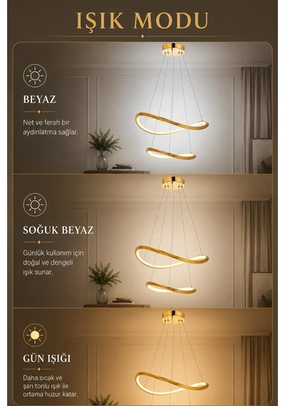 Modern Premium 2'li Gold Halka 3 Renkli Ledli Sarkıt Avizesi Salon Mutfak Oturma Odası Modelleri 48w Beyaz