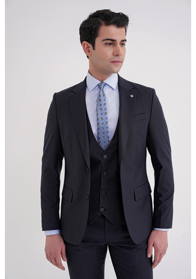 Efor Slim Fit Çift Yırtmaç Çizgili Esnek Yünlü Lacivert Yelekli Klasik Takım Elbise Tk 935 Lacivert