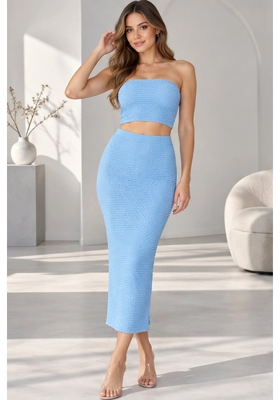 Mevese Kadın Bürümcük Kumaş Straplez Crop Ve Midi Kalem Etek İkili Set - Mavi