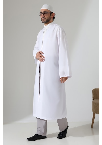 Erkek Namaz Elbisesi Buhara Yaka Cepli Namaz Cübbesi Beyaz - Sfa Beyaz