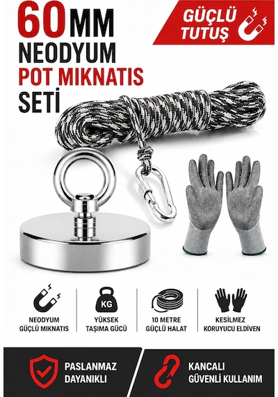Magnet Fishing 60 Mm , Neodyum Pot Mıknatıs Seti, Halat Eldiven, Kancalı Mıknatıs Balıkçılığı