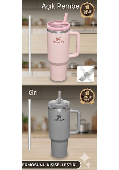 Stanley Quencher 40 Oz Uyumlu Sızdırmaz Yedek Kapak Flip Katlanabilir Pipetli Termos Kapağı - Gri