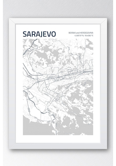 Saraybosna Sarajevo Haritası Çerçeveli Tablo Lüks Salon Ofis Duvar Dekorasyonu Hediyelik Tablo Beyaz