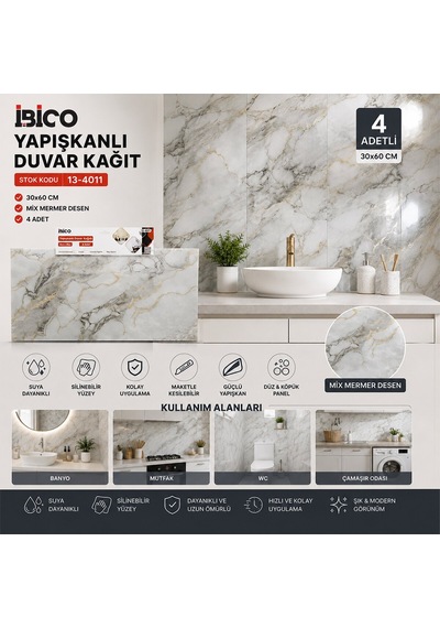 İbico İ13-085 Yapışkanlı Duvar Kağıt 30x60cm 4 Adet Panel Mix Mermer Desen Düz - 60'li Paket Diğer