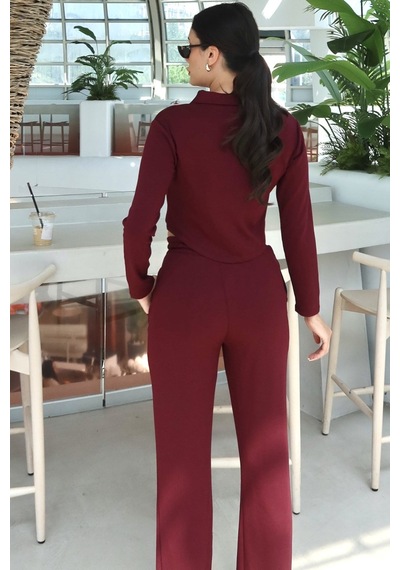 Kechi Woman Oysho Kumaş Polo Yaka Çift Fermuarlı Takım Bordo