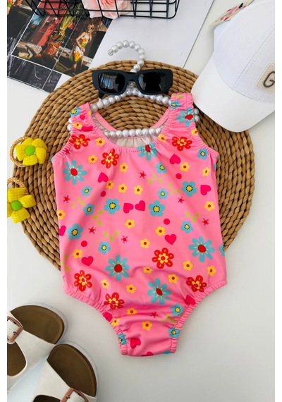Minigimin Cicileri Mnn Mini Çiçek Baskılı Kız Çocuk Mayo - Pembe