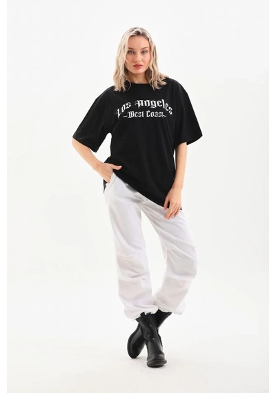 Kadın Baskılı Tişört Kısa Kol Bisiklet Yaka Oversize T-shirt - Siyah