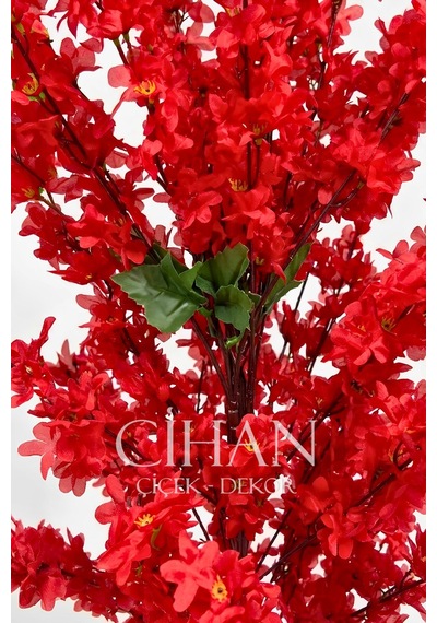 Yapay Kırmızı Sakura Kiraz Çiçeği Ağacı 120 Cm - Küre Plastik Saksılı 27x33 Cm Saksı Beyaz