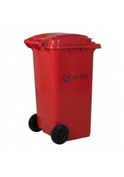 120 Litre Kırmızı Plastik Çöp Konteyneri Tekerlekli Kapaklı Atık Konteyneri Hey Çelik Pk-120