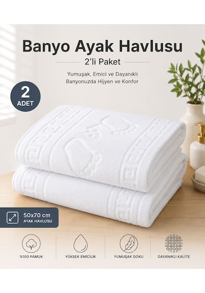 2 Li Ayak İzli Banyo Paspas 100 Pamuklu Ayak Havlusu 50x70 Cm Beyaz