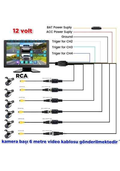 Ahd 720p Rca Beyaz Ledli Kelebek Kamera 6 Kanallı 10 İnç Dokunmatik Usb Bsd Dvr Ekran 12 Volt