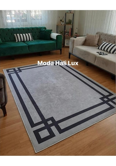 STY Home Vogue Yıkanabilir Kaymaz Tabanlı Halı Yolluk Makinede Gri Siyah