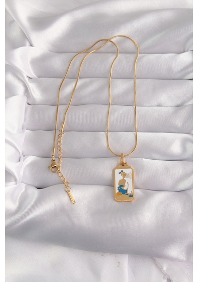 316l Çelik Gold Renk Beyaz Mineli Kız Figür Tarot Kolye - Lisinya Altın