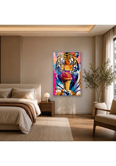 Dondurma Külahıyla Pop-art Kaplan Portresi Gümüş Çerçeveli Cam Tablo