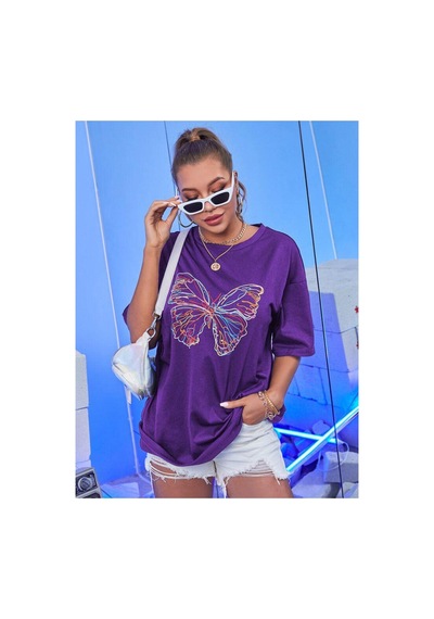 Medinenur Neon Kelebek Baskılı Kadın Tshirt Mor