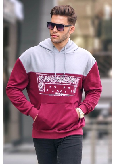 Madmext Bordo Kapüşonlu Desenli Sweatshirt 6022 Bordo