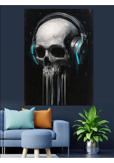 Ahşap Tablo Kulaklıklı Kafatası Müzik