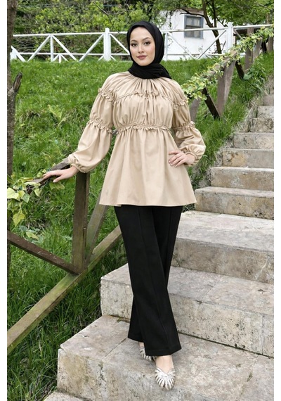 Unika Boutique Mini Çiçekli Kadın Tesetettür Gömlek Bej