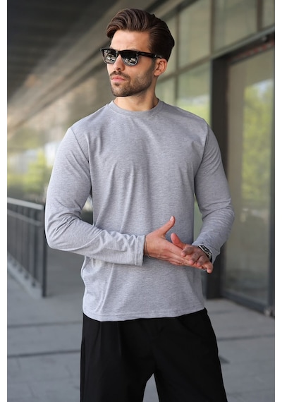 Madmext Grimelanj Pamuklu Slim Fit Erkek Tişört E7187 Gri Melanj