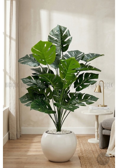 Biçiçek Yapay Monstera Deve Tabani Bi̇tki̇si̇ 65 Cm Beyaz Küre Saksıda