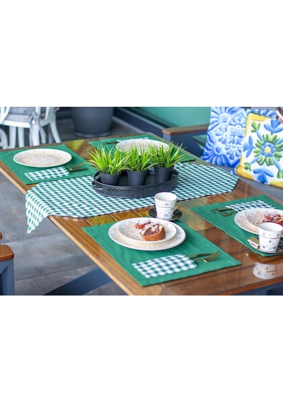 Tropik Home Amerikan Servis Moena Dinner Runner Seti -yeşil Ekose