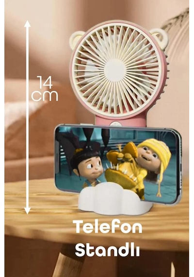Şarjlı Telefon Standlı Mini El Fanı Sessiz Taşınabilir Masa Vantilatörü Pembe