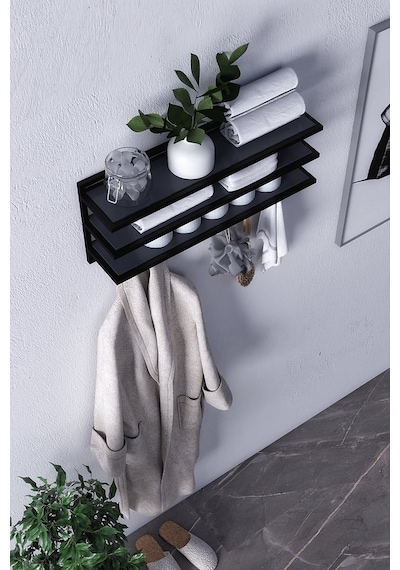 Sofya 2 Katlı Antrasit Raflı Askılık, Portmanto 43 Cm - 4 Askı Siyah