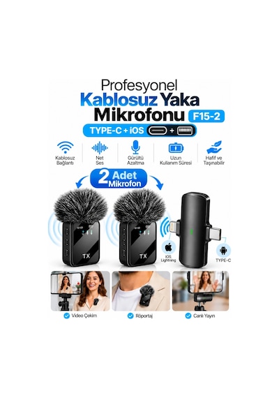 Platoon Pl-2706 F15-2 Profesyonel Kablosuz Yaka Mikrofonu Type-c Lightning İos Net Ve Güçlü Ses