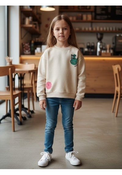 Kız Çocuk Pamuklu Tavşan Desenli İnce Uzun Kollu Sweatshirt-16335 KREM
