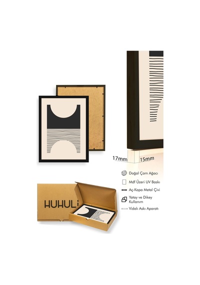 Doğal Ahşap Çerçeveli Minimal Siyah Desenli Tablo - Modern Huhu1424