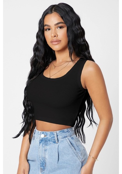 Angbutik Kadın Siyah Kare Yaka Crop Top Bluz