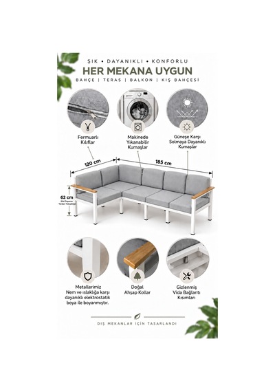 Neokas Metal L Köşe Koltuk 5 Kişilik, Balkon Ve Bahçe Mobilyası Beyaz