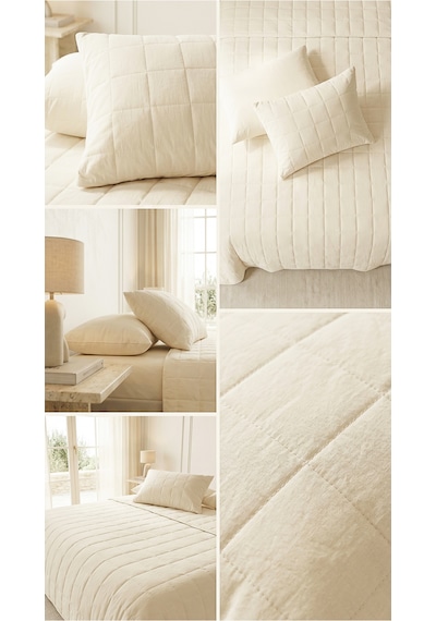 Ocean Home Textile %100 Pamuk Kumaş Kapitoneli Ekru Çok Amaçlı Çift Kişilik Yatak Örtüsü Seti 1 Adet 250 X 230 / 2 Adet 50 X 70 Cm