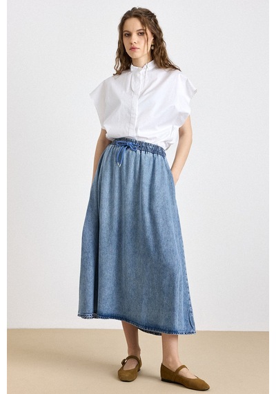 Olcay Beli Lastikli Soft Denim Etek Mavi 7068