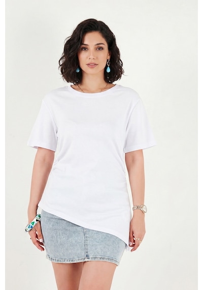 Lela Pamuklu Yanı Büzgülü Asimetrik Kesim Bisiklet Yaka T Shirt Bayan T Shirt 5867017 Beyaz