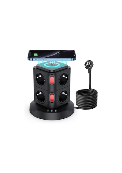 Masaüstü Kablo Toplayıcı 8 Li Priz 3 Usb Kablosuz Şarjlı 2 Metre Kablolu Kule Tipi Çoklu Priz 1 - 3 M