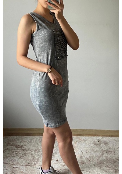 Mia Butik Kadın V Yaka Kare Pul Payetli Gri Elbise-979 Gri