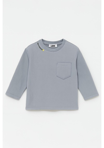 Luess Unisex Çocuk Happiness Nakışlı Cepli Fitilli Kaşkorse Tişört Açık Mavi